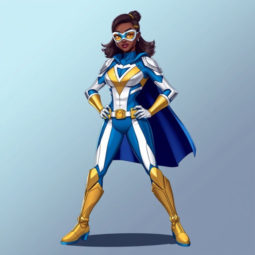 A teenage African American female superhero  wearing a mask and a professionally made slightly armored white and blue suit with blue pants gold accents and a stylized V as her chest emblem a utility belt and gold boots