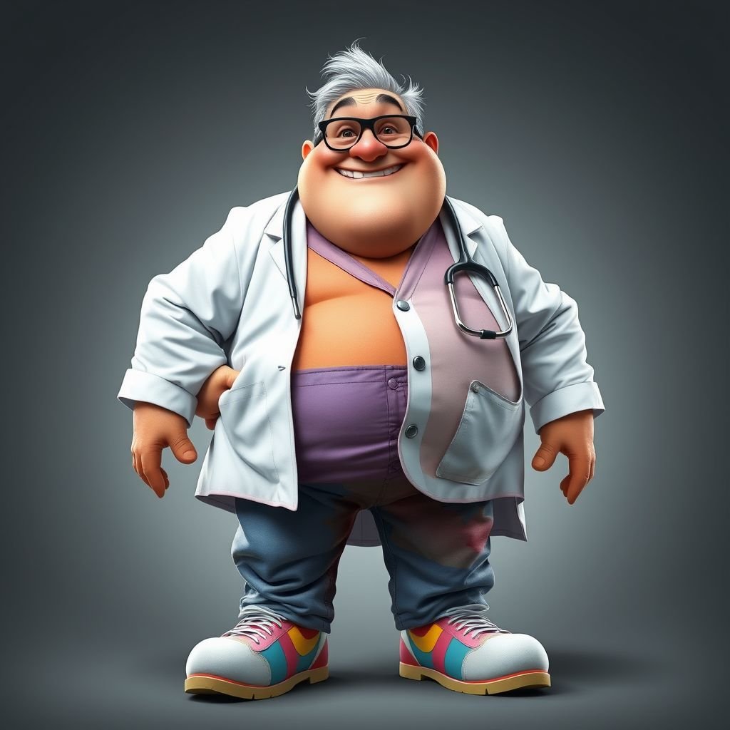 create a fat doctor. Who is funny human looking from head to toe. And he always immediately results to surgery for anything even small things. So please be sure to show his whole outfit head to toe. Make him have 1 tooth