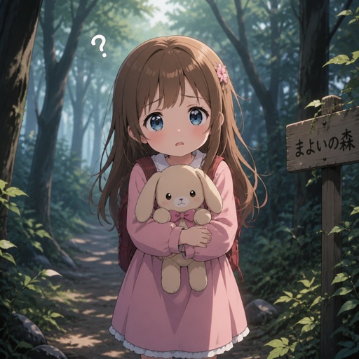 Ein kleines Mädchen, was im Wald alleine ist und nicht weiß, wohin es soll mit einem süßen Kuscheltier in der Hand