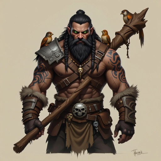 Kael the Beastbound – A rugged, broad-shouldered man with black skin and a rough beard, wearing armor made from bone and leather. deep green eyes tattoos of animal tracks spiral down his arms. He carries a massive wooden staff carved with the shapes of beasts, and small creatures often perch on his shoulders or follow at his feet.