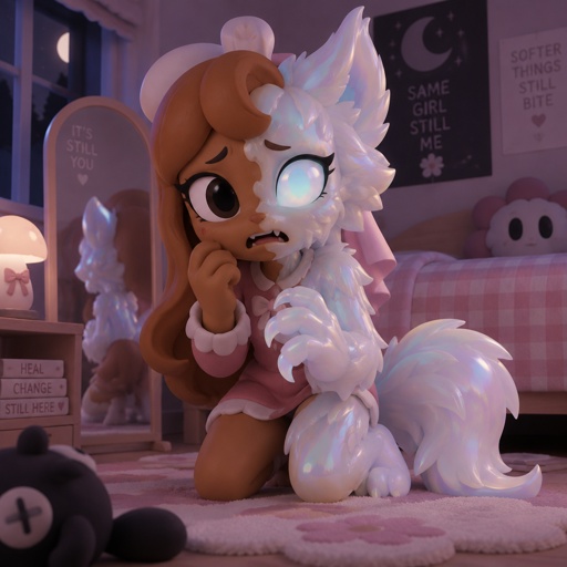 Ginger from Dandys world in her room halfway through her transformation into a Opalite Werewolf 