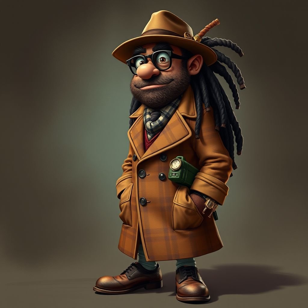 Create a funny serious fat character similar to Sherlock Holmes, but make him of black decent and with dread locks. Show his whole outfit including his shoes.