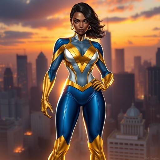 African American female superhero with neck length hair in a side part style wearing a gold white and blue suit with blue pants and gold boots with a stylized V as her chest emblem standing in a city at dawn