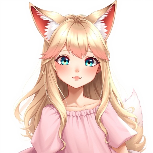 This person has dirty blonde hair with a hint of pink and down to their waist. They’re wearing a pink dress and they have blue eyes. They also have a cat tail and fox ears.
