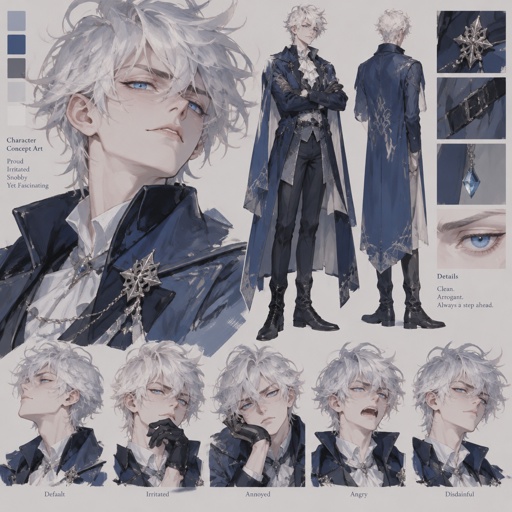 Male, fluffy white hair, big blue eyes, long smile, snobby, wears blue, irritated 