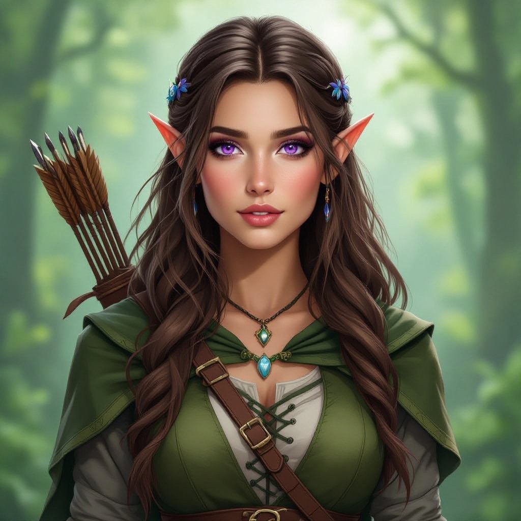 Beautiful half elf ranger female with long brown hair and purple eyes wearing green and grey clothing.