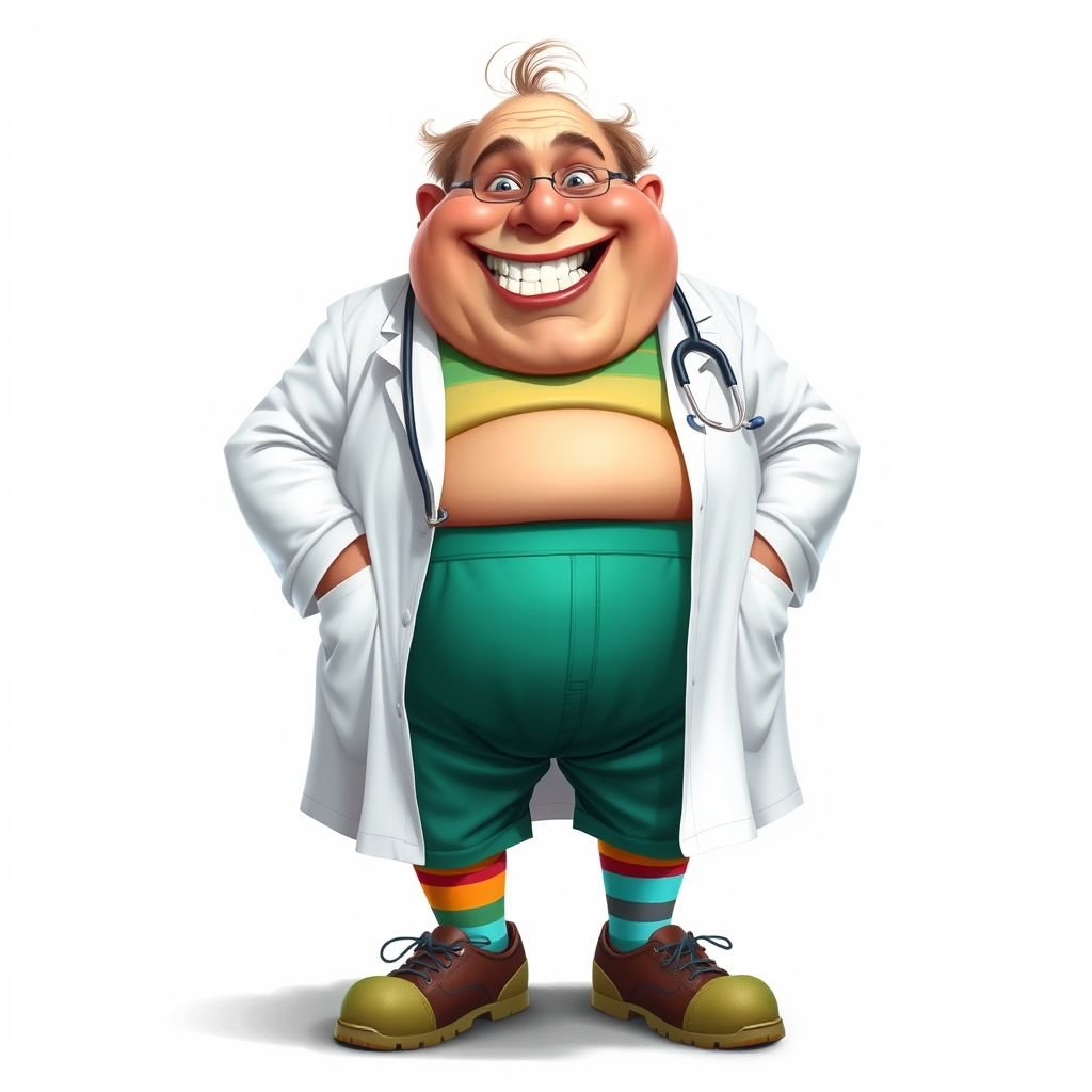 .. create a fat doctor. Who is funny human looking from head to toe. And he always immediately results to surgery for anything even small things. So please be sure to show his whole outfit head to toe. Make him have 1 tooth. Make it more adult humor instead of cartoon humor.