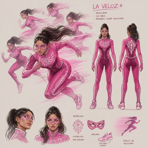 Female superhero with speed abilities, mask, pink palette, Mexican, multiple of the same character 