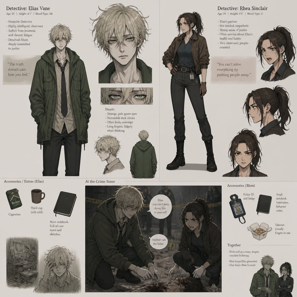 Anime style Male great detective takes his job real seriously and is really good at it in his mid 20s with medium really crazy messy light blonde hair, tall thin, tied, clean shaven, strange green eyes wearing a baggy loose mossy green jacket tired face,partner looking annoyed but also concerned for him, trying to take this case seriously, talking about crime scene what could have happened, very gruesome,person unknown, detective will do whatever he can, his parent and him get into arguments usually his partner will say "you really need some rest you can barely stand and your speaking trails off, how do you expect to finish this case with the little sleep and food you eat" detective will reply" all I need is some coffee, I can survive and I don't plan on resting till I get to the bottom of this, worrying never helps with anything"as he yawns and starts nodding off