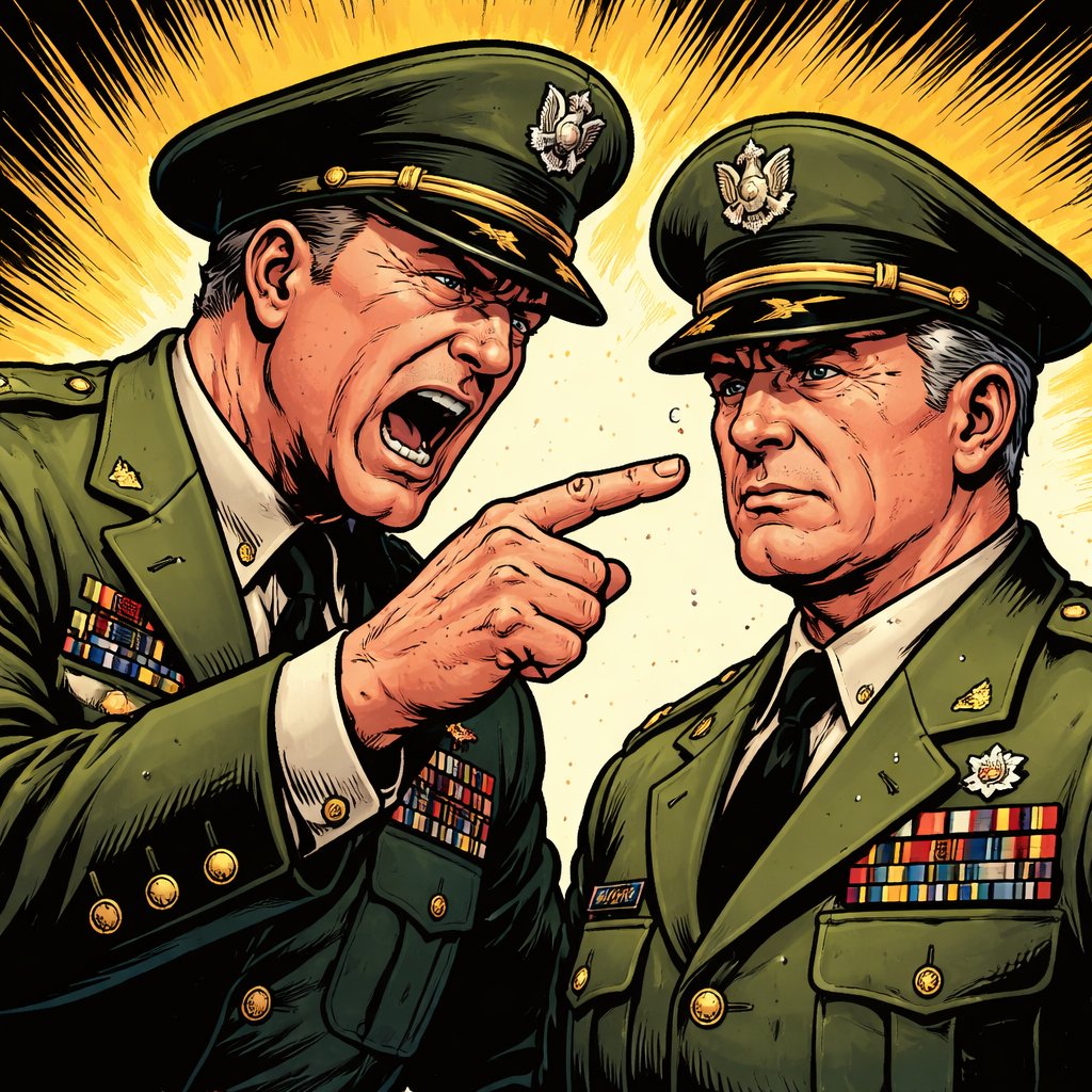 two military manner standing close together one is giving the other lecture. They are both middle aged.