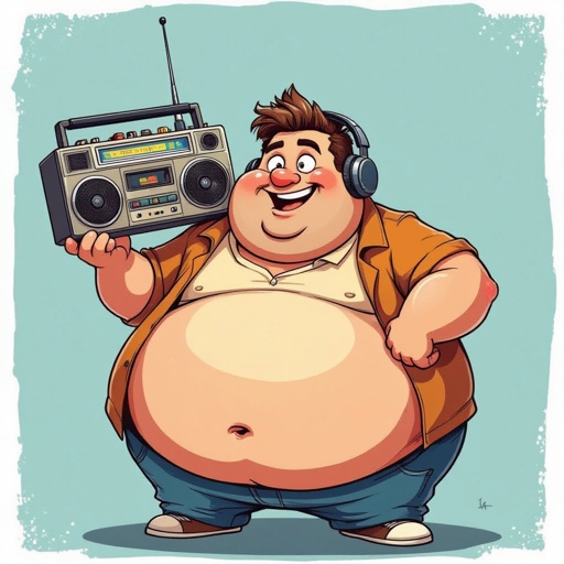 Create a funny fat guy who has a book box radio , make it kinda cartoonish 