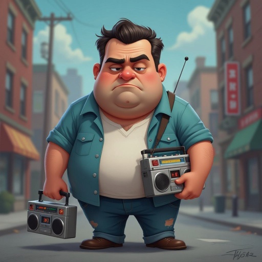 Create a funny fat guy who isnt friendly from New York  has a boom box radio and is a stoner 