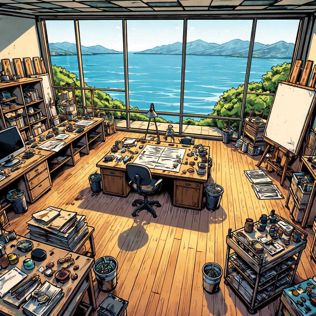 No speech bubbles no caricature a huge artist, studio, drone view no people, horizontal orientation through the window is the sea and in the distance mountains