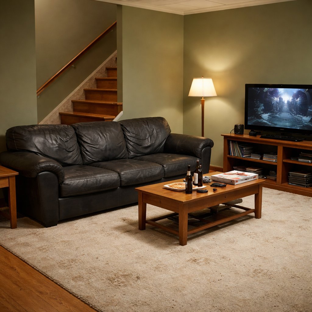 A room that has a black couch and a TV. The floor is a dirty white carpet. The walls are green. Behind the couch are stairs that lead upstairs.