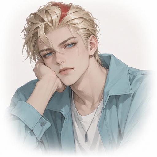 Male, blonde greased brushed back hair, curl on forehead, red streak in hair, scar on lip, blue eyes, slim, designer, cyan casual clothes,