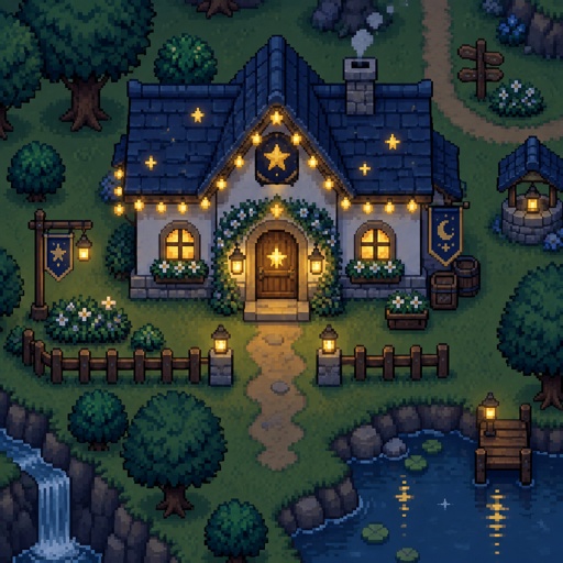 Starry house, unique, fairy lights, for a modern fantasy game, exterior, top down style, shading and highlights
