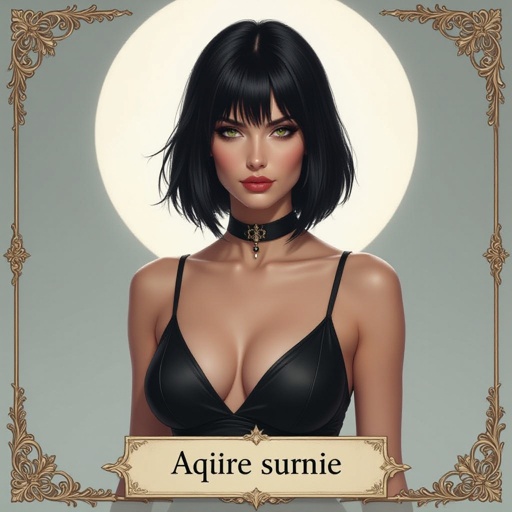 Show character head to toe. Create a mid age fantasy woman jet-black hair is cut sharpand her eyes seem to pierce through darkness. A shadowy aura clings to her form,