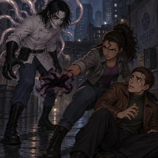 Male, black messy greasy hair, shoulder length hair in the back, long hair in the front covering one eye, blue eyes, eye bags, veins under eyes, pale tendrils coming out of back with veins, blue pants, boots, black rubber gloves, short scientist jacket buttoned up, belt with pouch, evil smile, Female, tan skin, brown eyes, pointy nose, curly ponytail, curl in the middle of her forehead, grey jacket rolled up sleeves, jeans, boots, purple shirt, death touch, Male, on the ground scared, brushed back slightly messy brown hair, two hair strands in face, brown eyes, brown nice jacket, green turtleneck, gold necklace, black pants, nice shoes, girl is protecting the male with brown hair from the male with black hair, intense, city background 