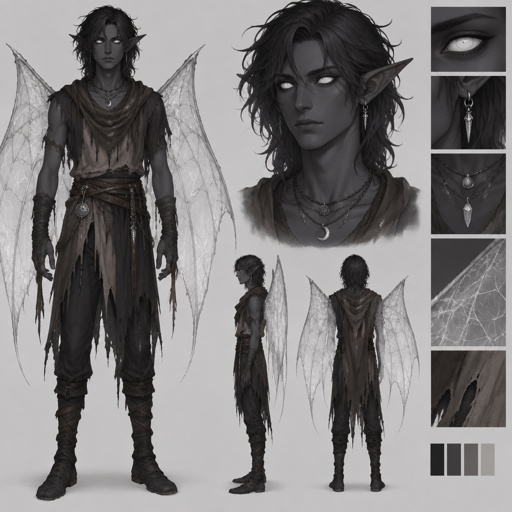 Male, dark grey skin, shoulder length messy hair, pointy ears, completely white large eyes, ear ring, spider web wings, dark elf, ragged nature clothes, multiple necklaces, tunic, concept, face expressions