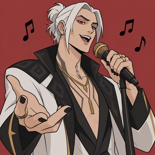 Kado Thorne from Fortnite medium length white back hair bun pale skin,singing the song bones by imagine dragons 