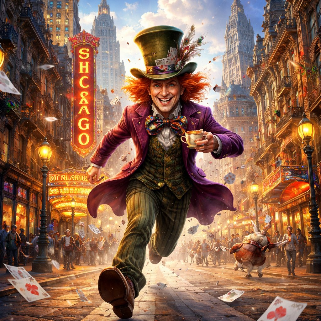 Mad hatter in civic lunacy running down a Chicago street