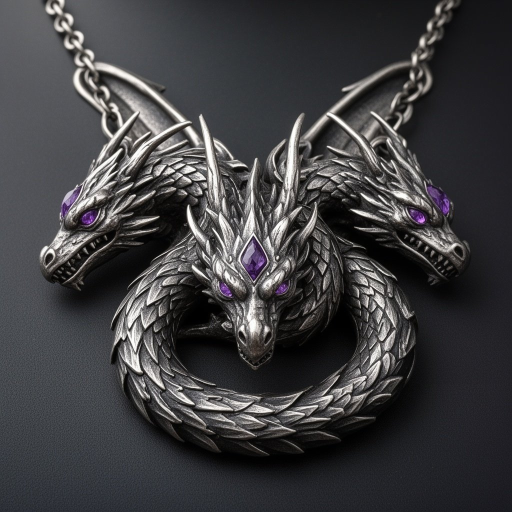 Silver necklace with a three headed dragon curled around the center. The dragon has amethysts in its eyes.