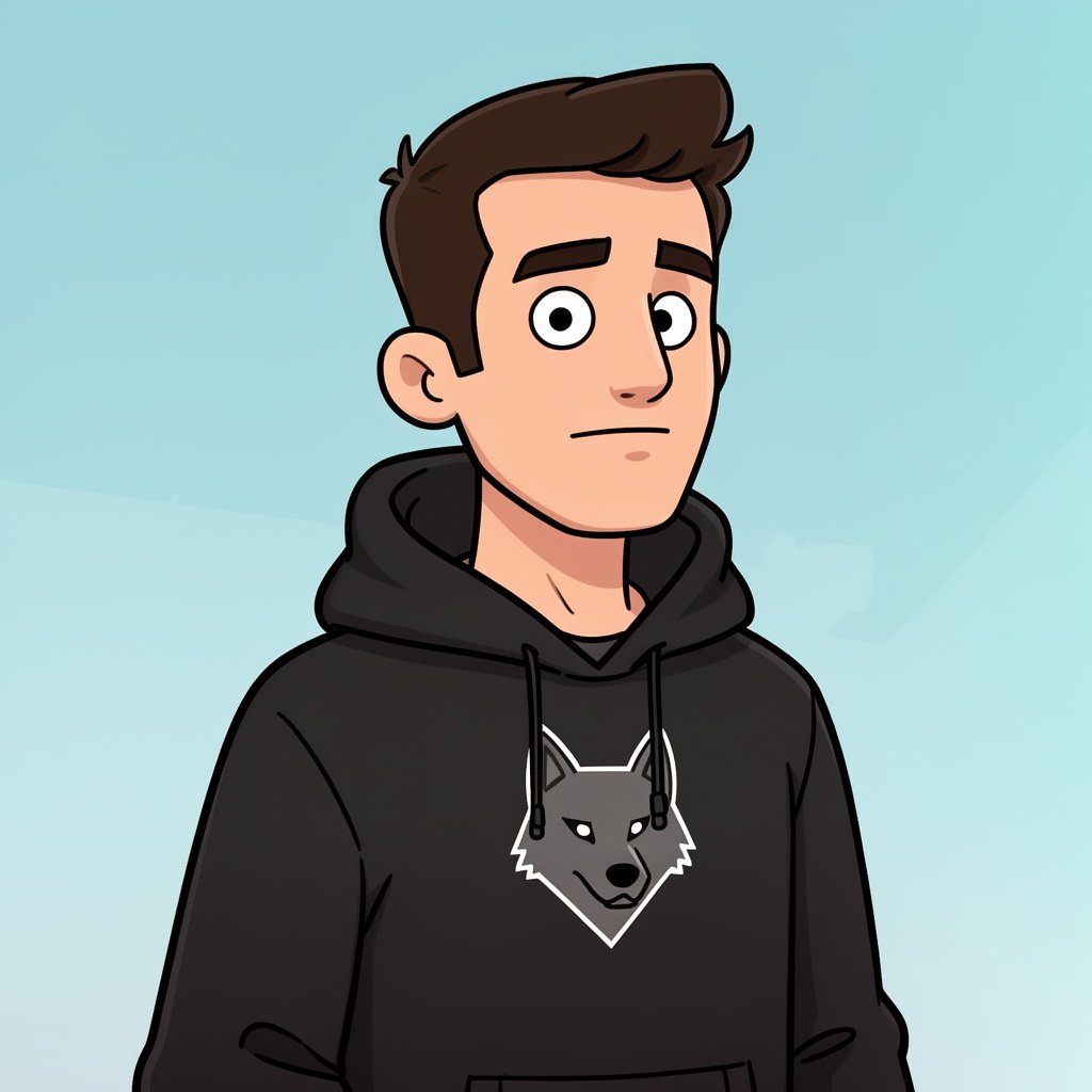 guy wearing black houde with wolf logo with out mustaches