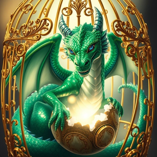 The most powerful dragon in the land hatching out of its egg in a cage made of solid gold