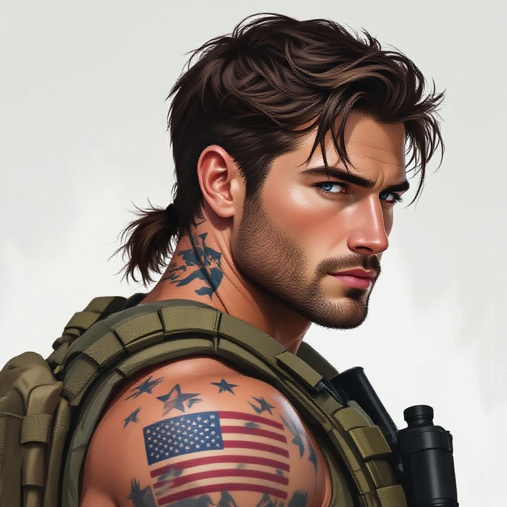White American man, Army attire (full tactical), dark brown hair, muscular, tattoo of the American flag on the back of neck, soft facial expression, hair messy with a little ponytail, blue eyes