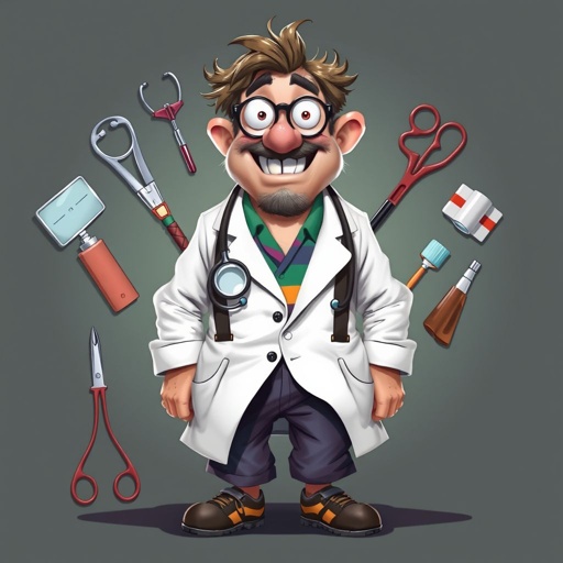create a doctor. Who is funny human looking from head to toe. And he always immediately results to surgery for anything even small things. So please be sure to show his whole outfit head to toe. Make him have only 1 tooth