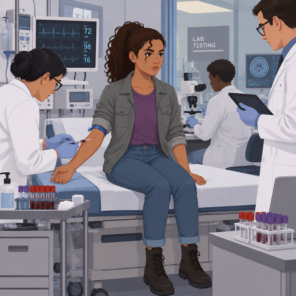 Female, tan skin, brown eyes, pointy nose, curly ponytail, curl in the middle of her forehead, grey jacket rolled up sleeves, jeans, boots, purple shirt, serious, in the hospital, scientists all around her doing tests on her