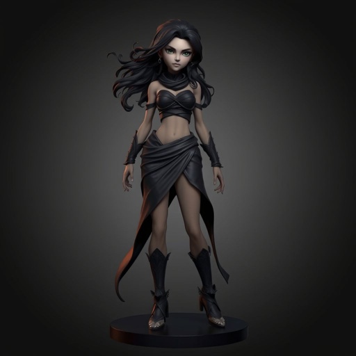 Create character hero Veyra of Shadows – A lithe, mysterious woman draped in layered black silks that move like smoke around her. With jet-black hair. Show her whole body head to toe including her shoes.