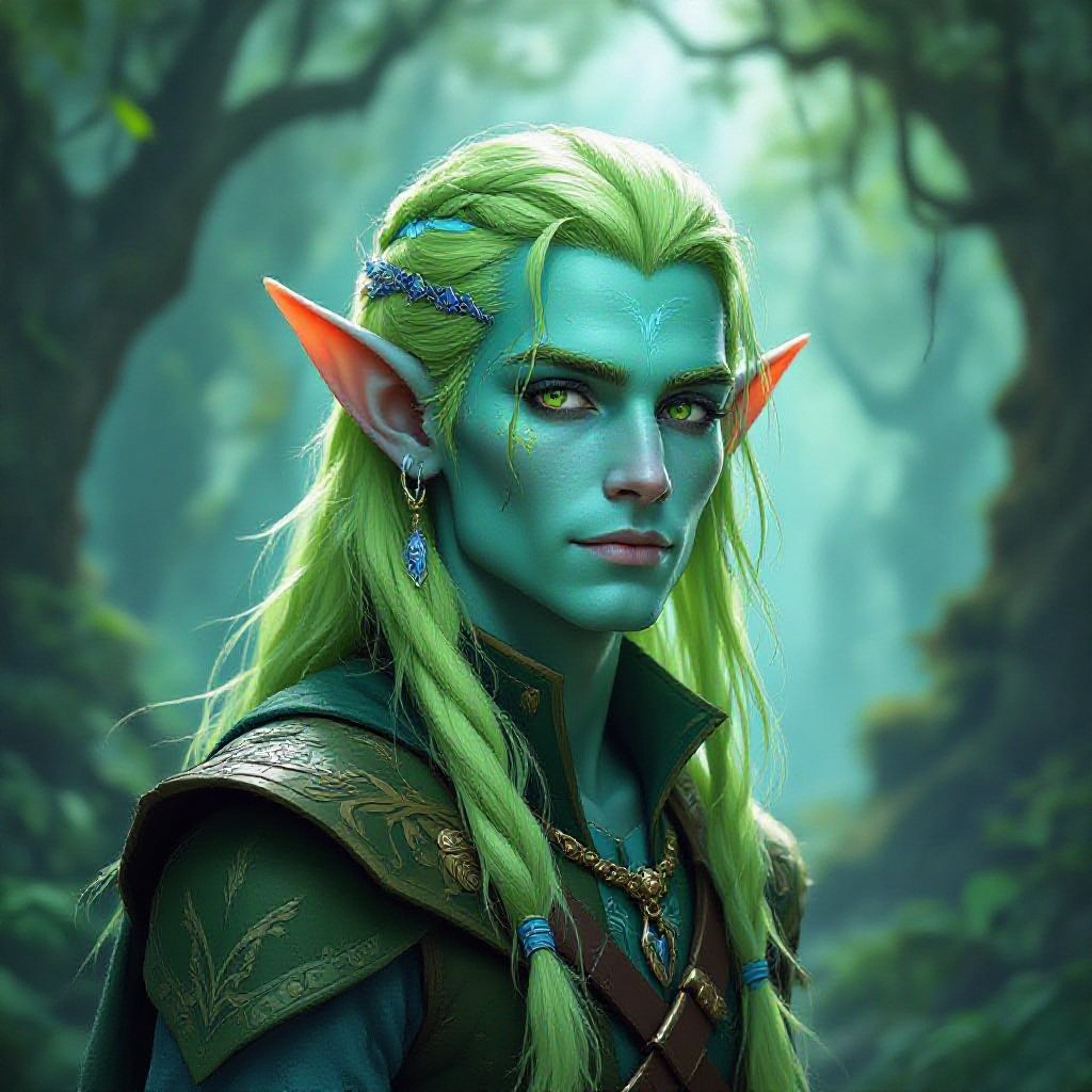 A male elf with turquoise skin and lime green hair 