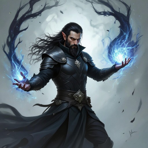 A elf in his 40s with all black on and black beard and has chaos abilities