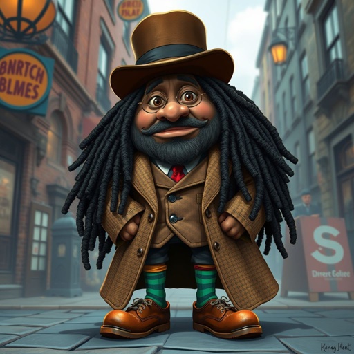 Create a funny fat character similar to Sherlock Holmes, but make him of black decent and with dread locks. Show his whole outfit including his shoes.