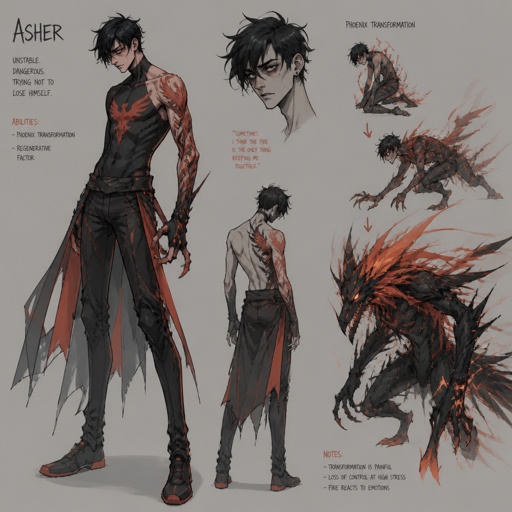 Male superhero with the ability to transform into a beast, cool costume, thin, phoenix tattoo on arm, unstable