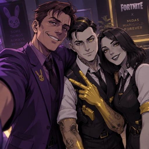 William afton arm around Midas from Fortnite’s shoulder, marigold from Fortnite, all taking a picture