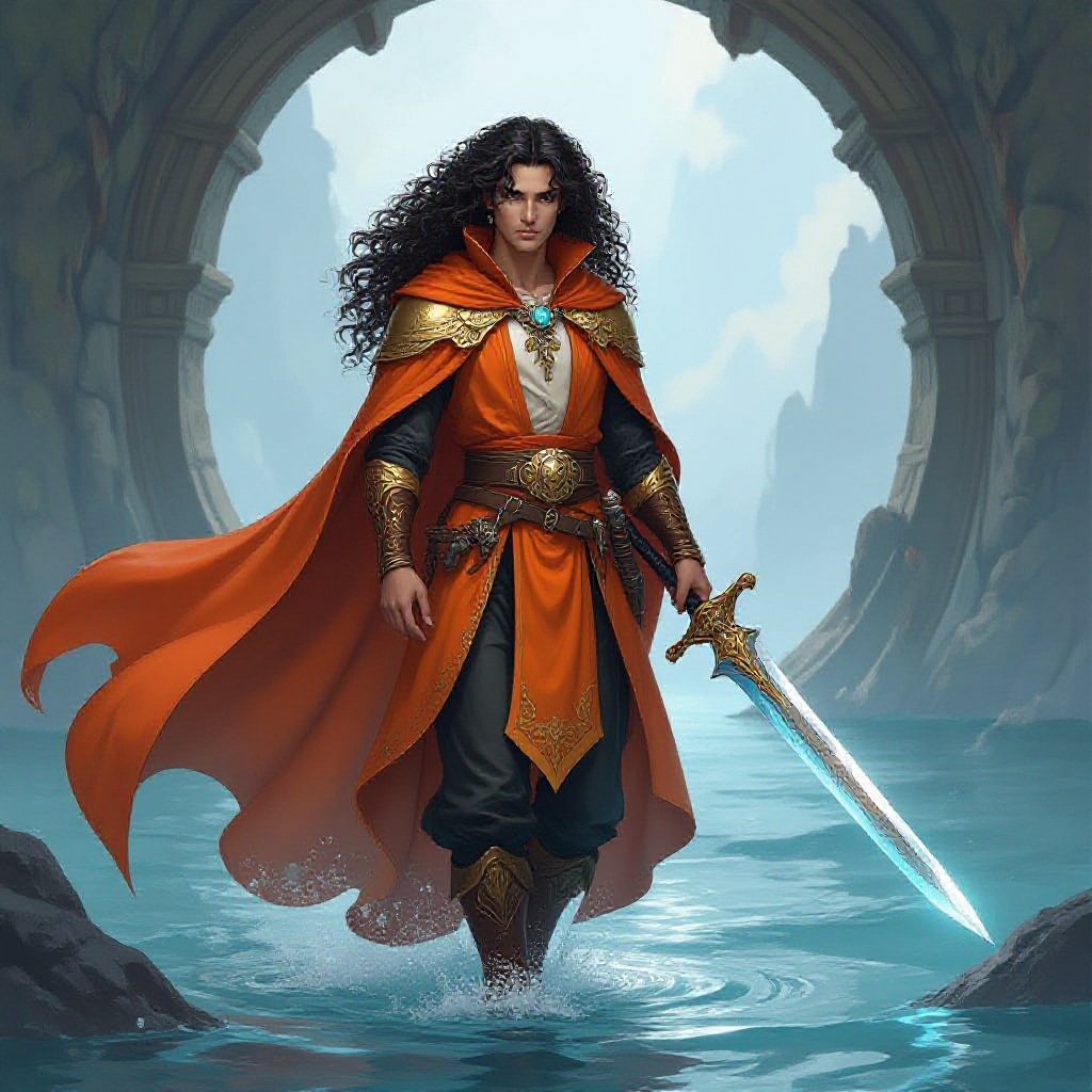 Dark curly hair, olive skin, sea blue eyes, tall and lanky, wearing orange and gold.