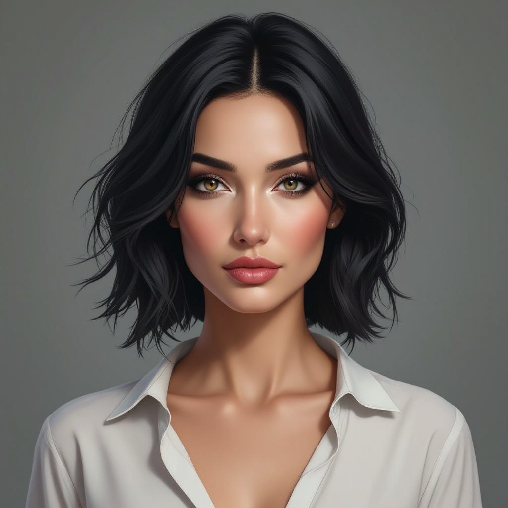 Show character head to toe. Create a mid age mysterious woman jet-black hair is cut sharpand her eyes seem to pierce through darkness. A shadowy aura clings to her form,