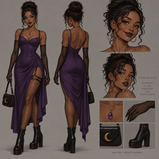Female, African American, modern clothes, brown eyes, dimples, fish net gloves, purple dress, necklace, earrings, dark lipstick, 