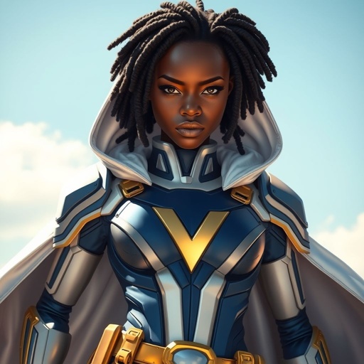 A teenage African American female superhero with hair in a loc side part style wearing a white  cloak with a hood over a professionally made slightly armored white and blue suit with gold accents and a stylized V as her chest emblem a utility belt and gold boots