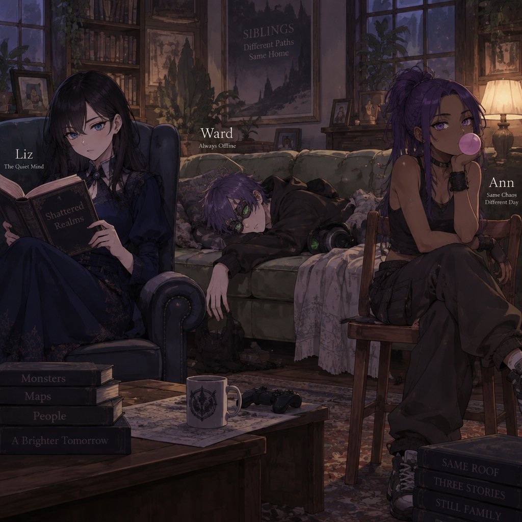 Three siblings, Female name Liz, oldest, tale, pale, beautiful, very call expression, mysterious, black hair long curtain bangs style, bright blue eyes, wearing a dark blue long turtleneck dress, high heels, eye liner,dark eye shadow,red lips, wearing jewelry, Anime style, Agent Ward male, middle child, made to be a weapon, highly skilled, emergency backup case he gets out of control, hair violet messy bun, clean shaven, night vision eyes, sharp teeth, strong dark power, tall, intimidating, easily gets headaches , he's used as an emergence backup weapon in an agency he works for,Female Ann, youngest sibling, medium hight, tan, blue eyes, vivid purple dim hair in a messy bun her front hair is swooped down in her right side, mischievous,all in casual clothes,In living room,Liz on chair reading a romance book,Ann on phone blowing bubblegum on a wooden chair her feet on the table ,ward he’s passed out on couch mumbling in his sleep