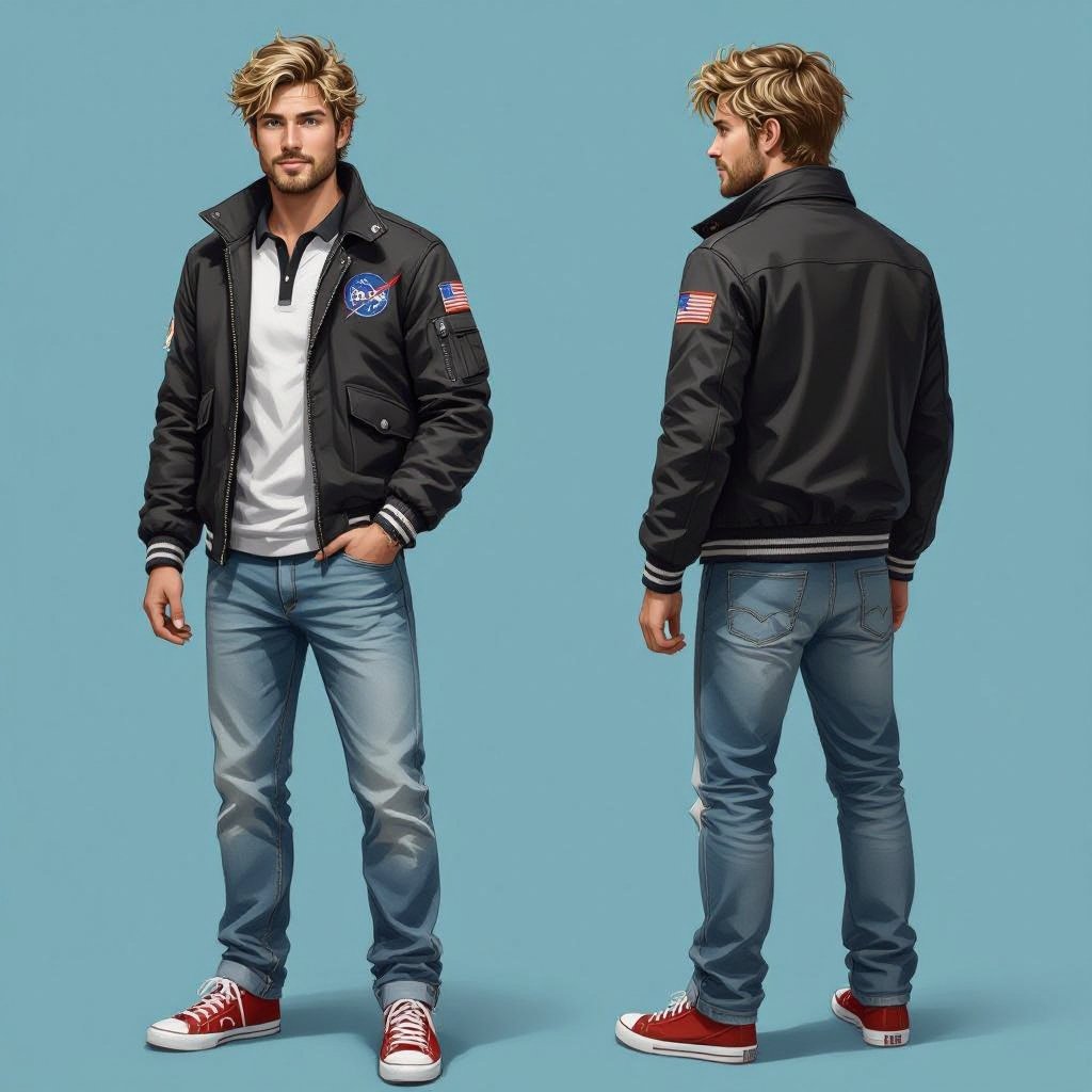 man with Dirty Blonde Unkempt Hair and Goatee. Astronaut Flight Jacket Black And White Polo and Light blue denim jeans with red sneakers