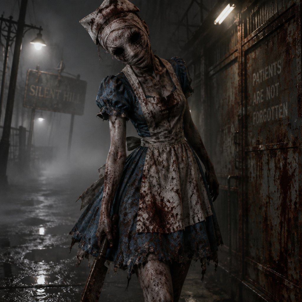 Silent hill with the nurse from the silent hill movie but in Alice’s dress from Alice in wonderland