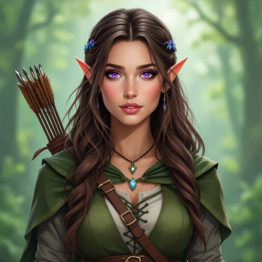 Beautiful half elf ranger female with long brown hair and purple eyes wearing green and grey clothing.