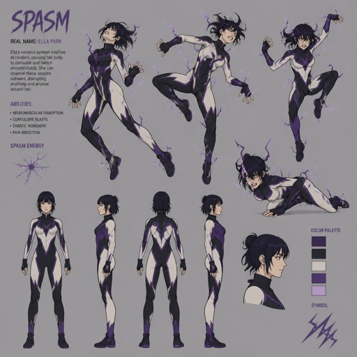 Female superhero with spasm abilities, design, multiple of the same character