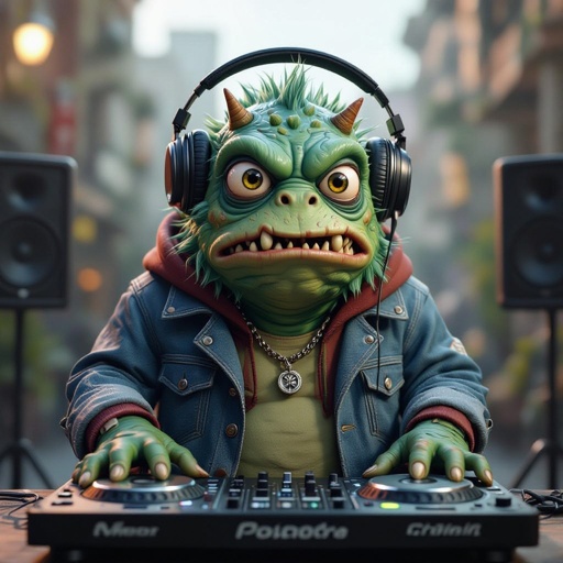 Create a funny looking monster dressed like a dj kinda with square face