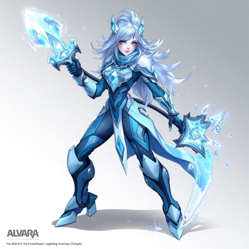 Create a battle woman hero called Alvara the Frostheart. Show full body head to toe including shoes