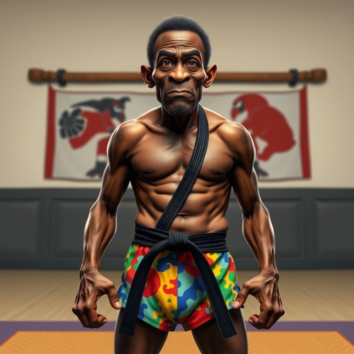 Create a character who looks like a funny African karate guy who doesn’t have a clue what he is doing. Make him have weird toes, only speedos on and a black karate belt. Make him tal skinny and slinky.