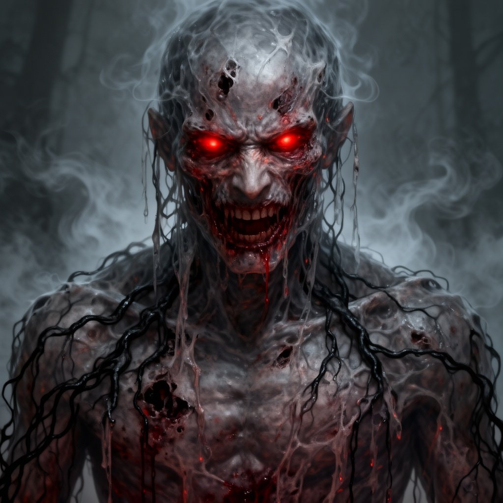 Male translucent twisted grotesque eyes burning with the same malice that defined his life ghostly